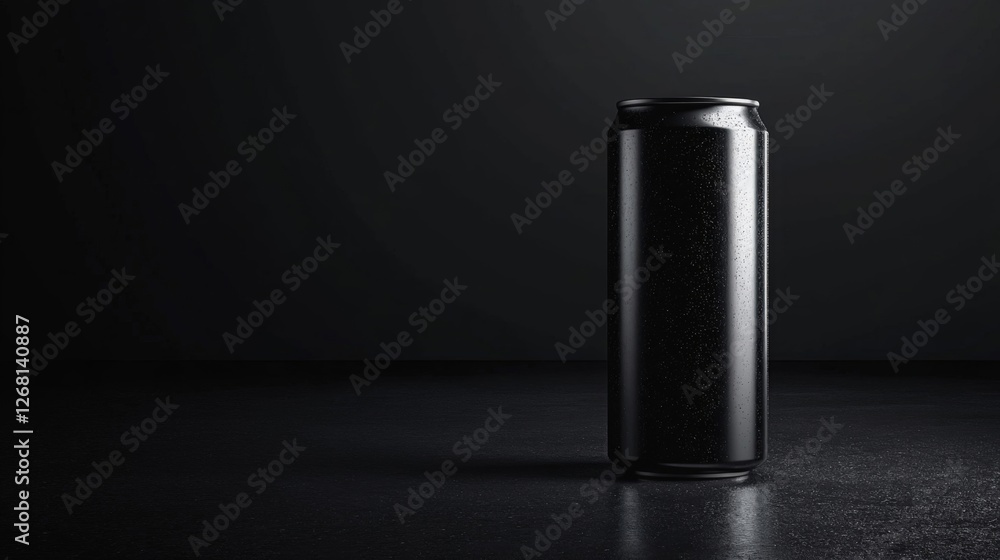 Isolated Black Can of Refreshment with Condensation on Dark Background Isolated Black Can of Refreshment with Condensation on Dark Background