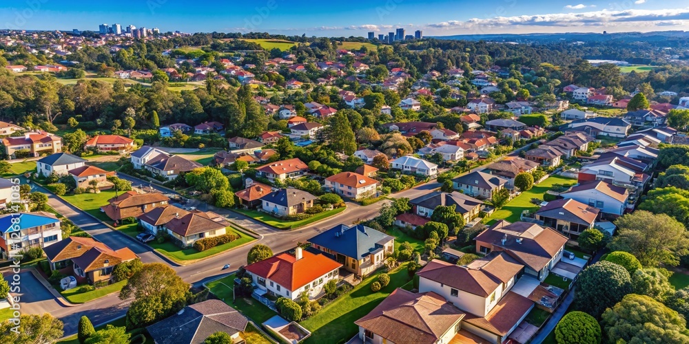 Fototapeta premium Aerial View of Sydney Suburb Houses, New South Wales, Australia - Residential Homes, Real Estate Photography