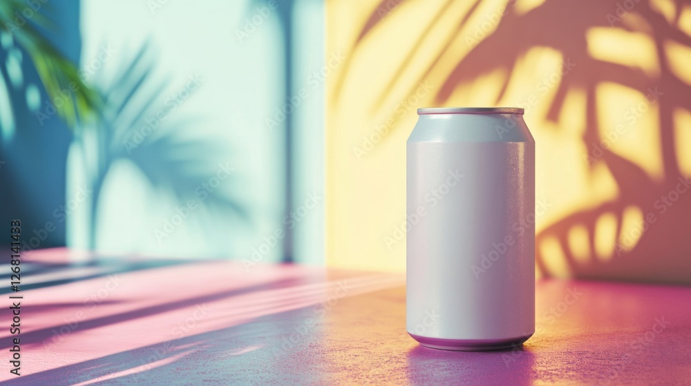 Cold White Metal Can on Pink Surface with Tropical Shadows Against Colorful Wall Cold White Metal Can on Pink Surface with Tropical Shadows Against Colorful Wall