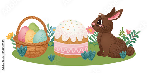 Chocolate rabbit sitting next to an Easter cake and a basket of colorful eggs on green grass with flowers. Cute cartoon holiday illustration. Easter celebration design for greeting card and print.