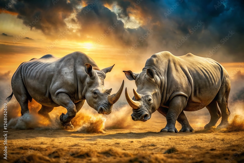 Fototapeta premium African Rhino Battle: Two Rhinos Clashing Over Territory in the African Savanna