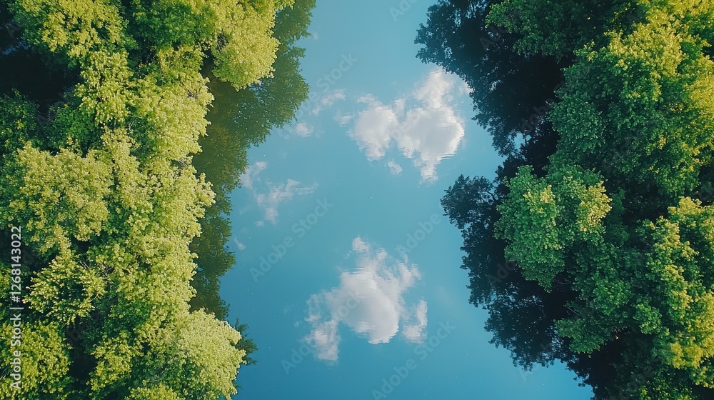 Lush Green Trees Mirror in Calm Blue Water Sky Lush Green Trees Mirror in Calm Blue Water Sky