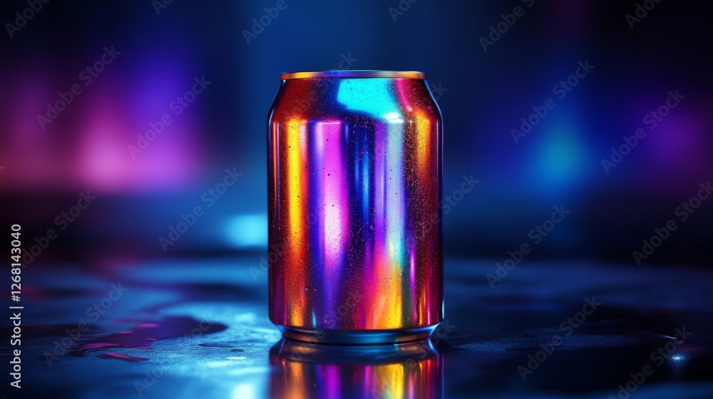 Vibrant Multicolored Aluminum Can with Water Droplets on Reflective Surface Vibrant Multicolored Aluminum Can with Water Droplets on Reflective Surface