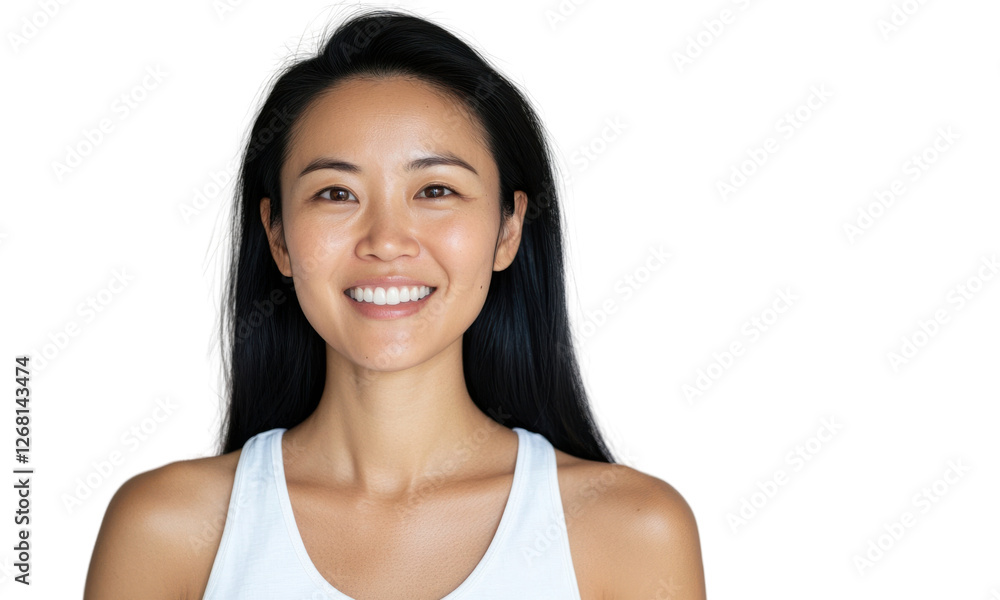 Smiling woman in a tank top against a plain background, exuding confidence Smiling woman in a tank top against a plain background, exuding confidence