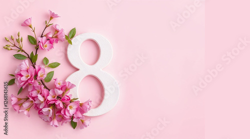 Greeting for International Women's Day on March 8th. Branches of mimosa and number eight