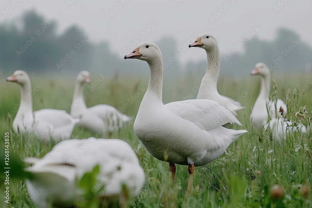 White Geese in a Foggy Field