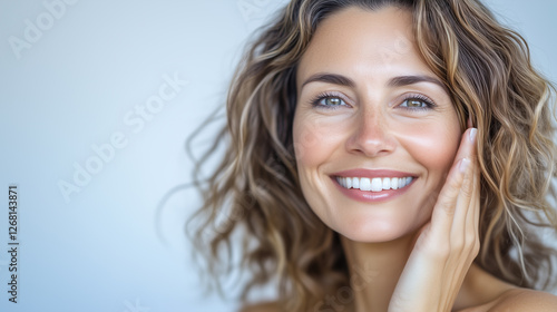 Portrait of a Smiling Mature Woman in Her 40s or 50s, Middle Age Beauty and Confidence, Skincare, Lifestyle and Natural Cosmetics Concept, Glowing Skin.