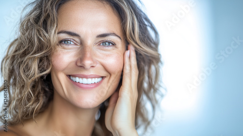 Portrait of a Smiling Mature Woman in Her 40s or 50s, Middle Age Beauty and Confidence, Skincare, Lifestyle and Natural Cosmetics Concept, Glowing Skin.