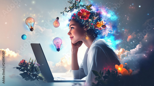 Creative Woman Working on Laptop with Floating Light Bulbs, Math Formulas, Clouds, Sparkles, and Flowers Around Her Head, Dreamy Imagination, Innovation, Positive Mind, Creativity, Brainstorming.