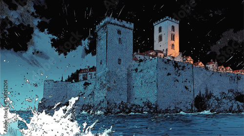 Majestic Coastal Fortress at Night with Dramatic Sky and Ocean Waves in Detailed Artistic Vector Illustration for Historical and Architectural Enthusiasts
