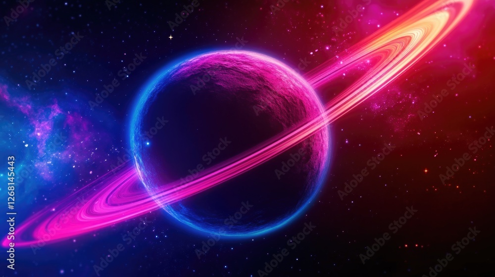 A vibrant cosmic scene featuring a glowing planet with colorful rings against a starry backdrop. A vibrant cosmic scene featuring a glowing planet with colorful rings against a starry backdrop.