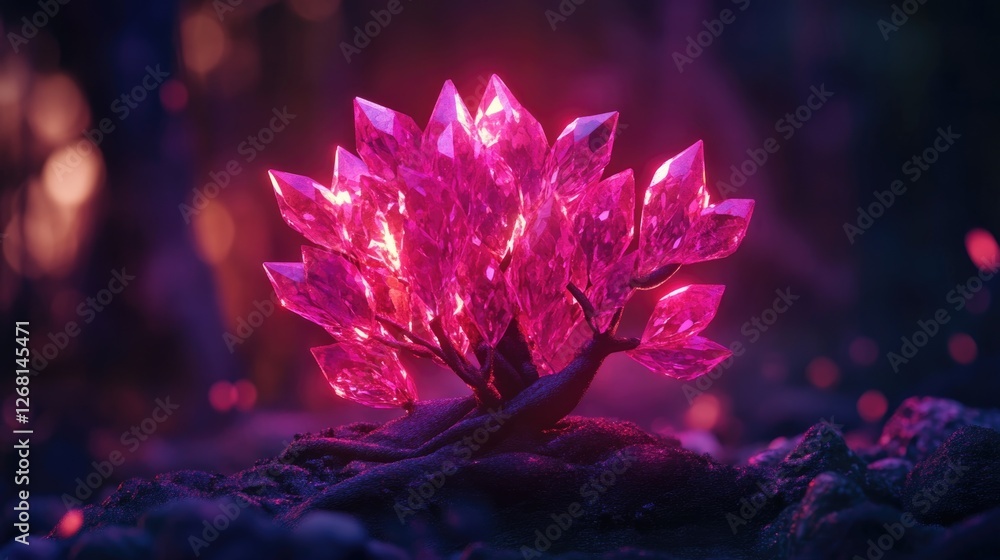 A vibrant crystal tree glowing with pink light in an enchanting forest setting. A vibrant crystal tree glowing with pink light in an enchanting forest setting.