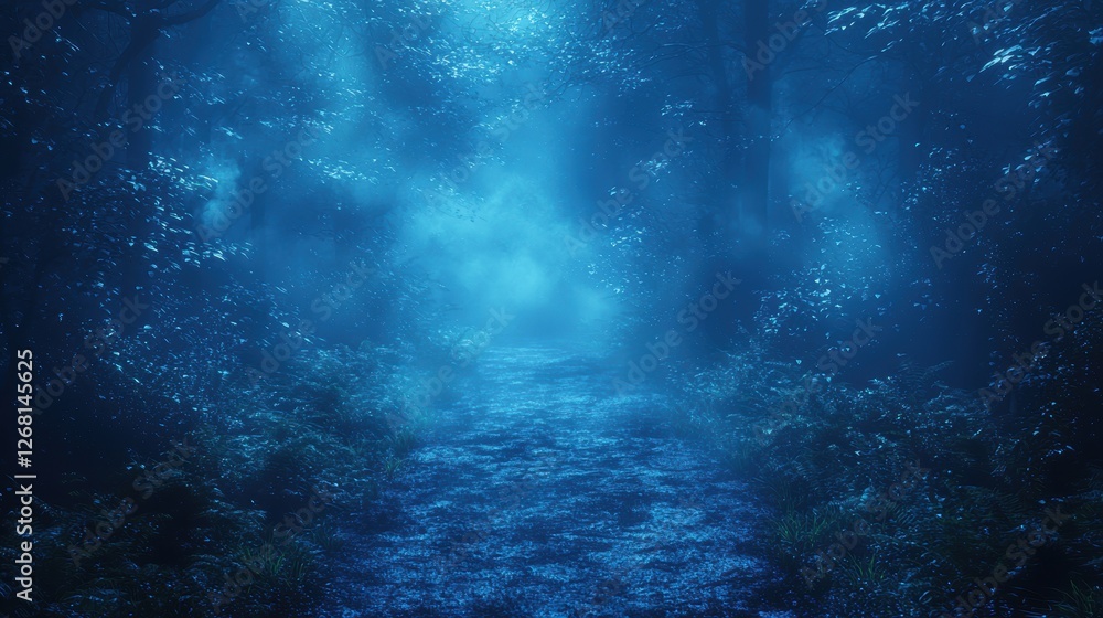 Fototapeta premium A misty, blue-toned forest path with ethereal lighting.