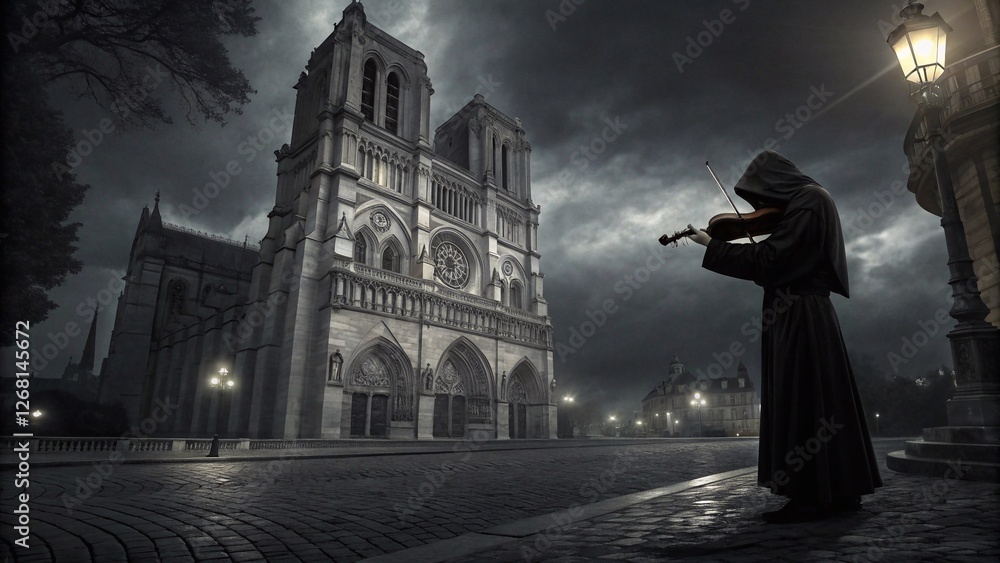 Grim Reaper playing the violin, in front of an ornate cathedral, black and gray, cinematic, fantasy. Grim Reaper playing the violin, in front of an ornate cathedral, black and gray, cinematic, fantasy.