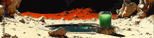 Explore a Futuristic Alien Mars Landscape with Advanced Technology, Mysterious Green Cylinder, and Rugged Terrain Under a Starry Night Sky in Vector Art