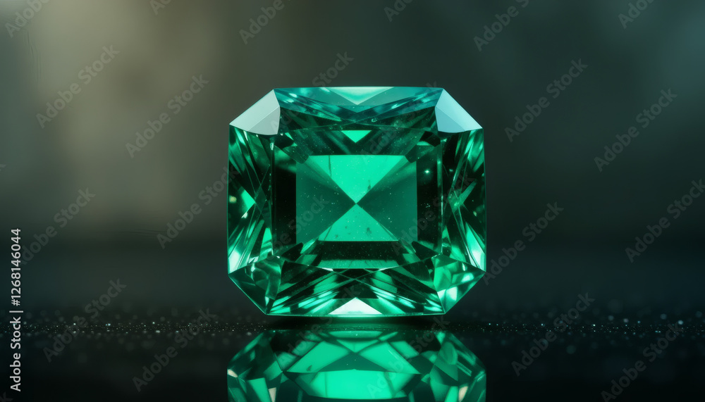 Lustrous Emerald Gemstone in Classic Cushion Shape with Deep Green Hues and Intricate Light Refractions Lustrous Emerald Gemstone in Classic Cushion Shape with Deep Green Hues and Intricate Light Refractions