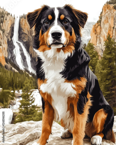 Stunning Vector Art of Bernese Mountain Dog in Majestic Mountain Landscape with Waterfall and Forest Background - Perfect for Nature and Dog Lovers