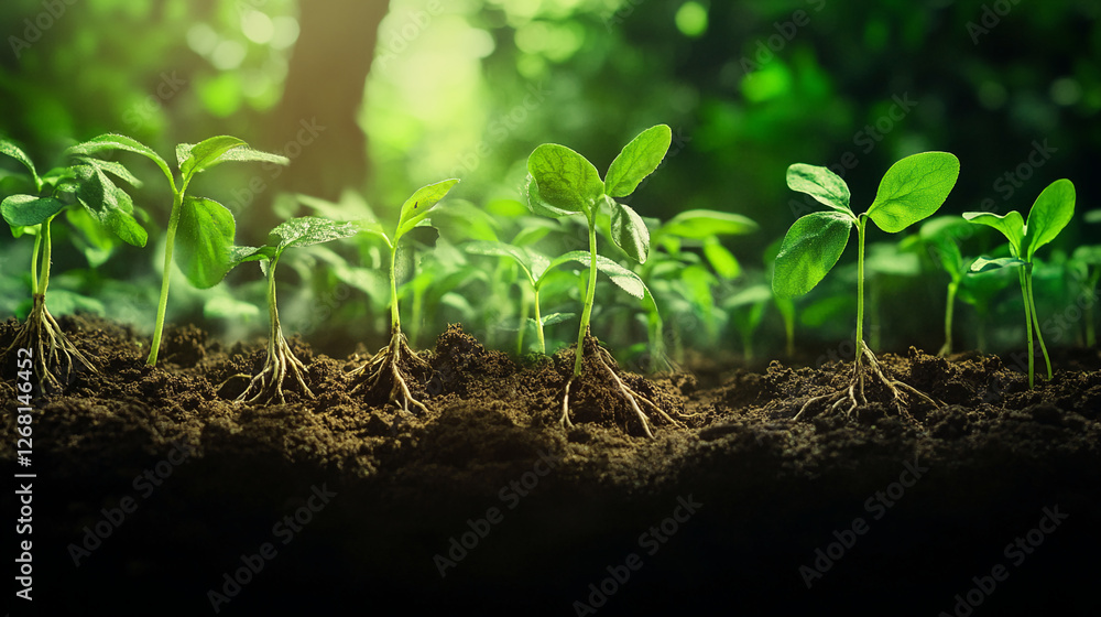 Green seedlings sprouting from fertile soil with visible roots, bathed in sunlight, symbolizing new growth, environmental sustainability, and nature’s regeneration process. Green seedlings sprouting from fertile soil with visible roots, bathed in sunlight, symbolizing new growth, environmental sustainability, and nature’s regeneration process.