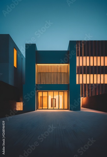 Night View of Modern Building with Illuminated Interior