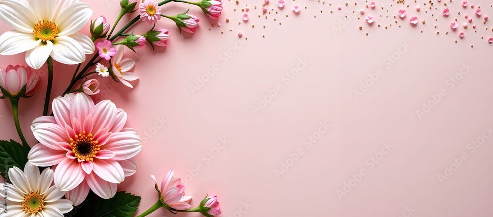 Pink and White Floral Corner on Pink Background