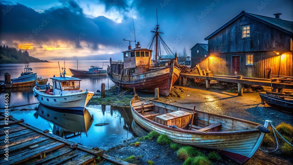 Atmospheric Low Light Old Boatyard Stock Photo - Weathered Boats and Rustic Charm Atmospheric Low Light Old Boatyard Stock Photo - Weathered Boats and Rustic Charm