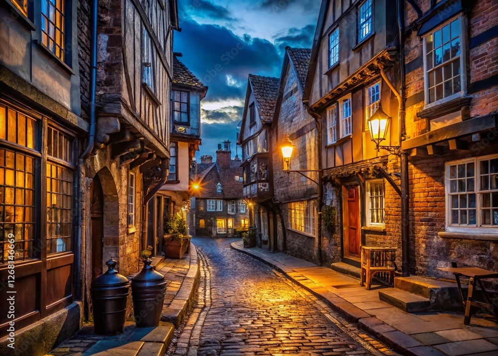 Obraz premium Atmospheric Night Scene: Old English Street, Cobblestone Lane, Historic Architecture, Dark Alleyway, Vintage Cityscape