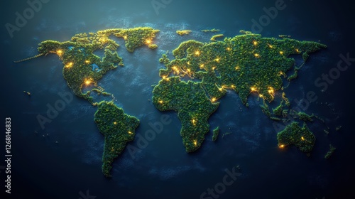 Sustainable world map, highlighting renewable energy locations
