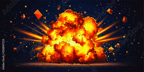 Vibrant Vector Art Explosion with Dynamic Orange and Yellow Fireball and Radiating Sparks on Dark Background - Perfect for Action-Packed Graphic Design Resources