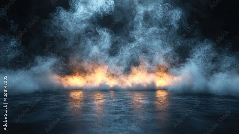 Fototapeta premium A dramatic scene featuring smoke and fire reflections on a dark surface.
