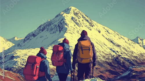 Stunning Vector Illustration of Three Hikers Exploring Snow-Capped Mountain Landscape in Winter; Adventure, Nature, and Outdoor Enthusiasts' Dream