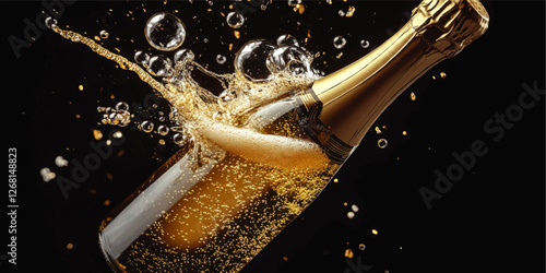 Sparkling Champagne Bottle Celebration Splash Vector Image With Bubbles On Black Background For Party Invitation, New Year Toasts, Festive Events