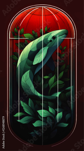 Elegant Vector Illustration of Surreal Underwater Scene with Tropical Sharks and Lush Green Plants in Stylish Glass Dome on Striking Red Background