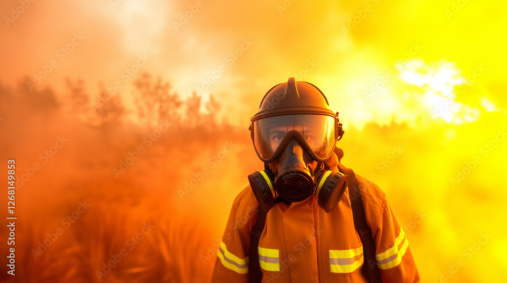 Firefighter in protective gear stands among smoke and flames during a wildfire response operation in a forested area a firefighter in a helmet is tired, there is smoke on call, the work of a rescuer Firefighter in protective gear stands among smoke and flames during a wildfire response operation in a forested area a firefighter in a helmet is tired, there is smoke on call, the work of a rescuer