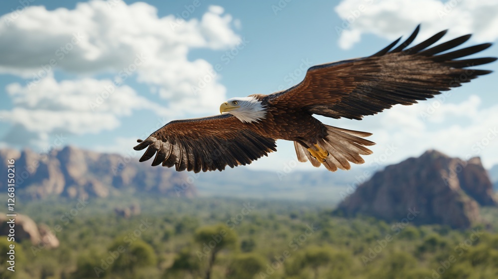 Majestic bald eagle soaring over a vast, mountainous landscape under a partly cloudy sky. Majestic bald eagle soaring over a vast, mountainous landscape under a partly cloudy sky.
