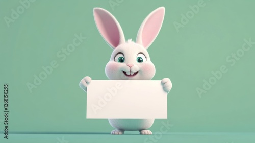 Happy cartoon easter bunny holding a large white sign against a green background ready for celebration announcements