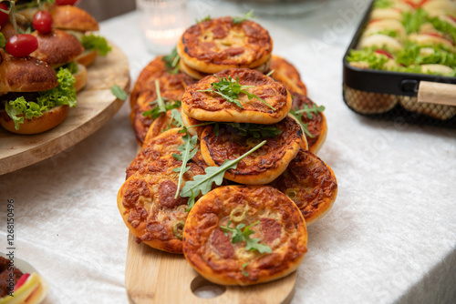 catering wedding buffet with variety of food snacks and appetizers