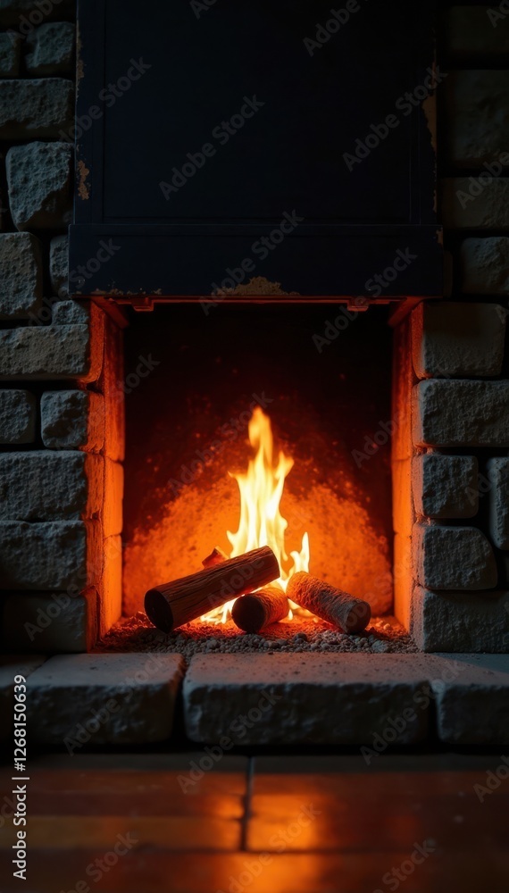 Cozy fireplace with crackling fire, glowing embers , flame, crackle, logs Cozy fireplace with crackling fire, glowing embers , flame, crackle, logs