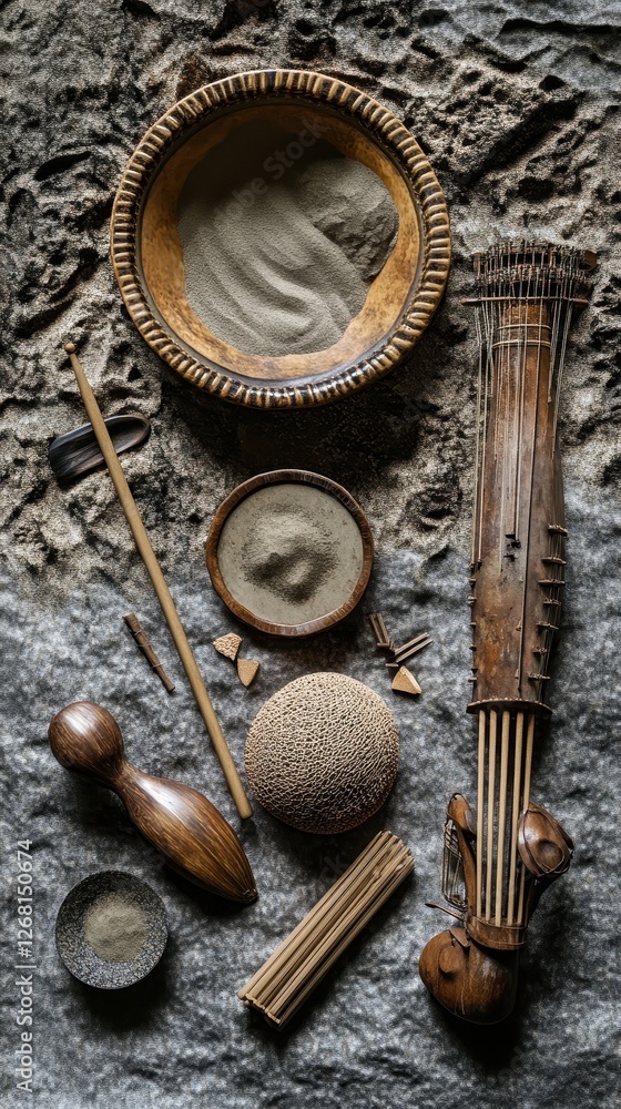 Still life depicts ethnic tools and bowls on textured surface Still life depicts ethnic tools and bowls on textured surface