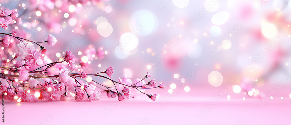Fototapeta premium Beautiful arrangement of pink flowers with sparkling lights creating a dreamy atmosphere in springtime elegance minimalist background, pink , , graphic resource, wallpaper. Background