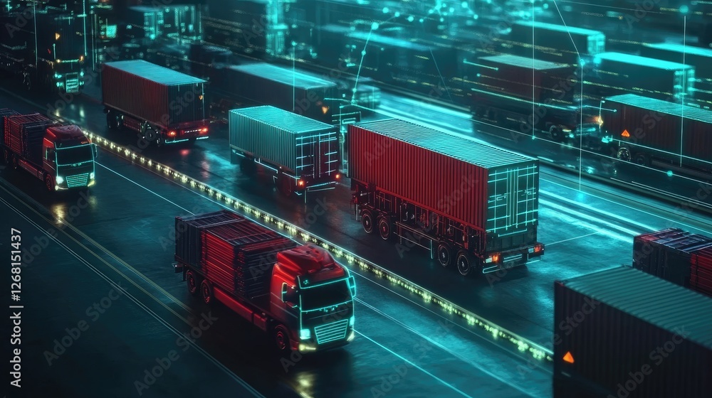 Semi-Trucks Driving on a Highway with Neon Lights and Digital Overlays Semi-Trucks Driving on a Highway with Neon Lights and Digital Overlays