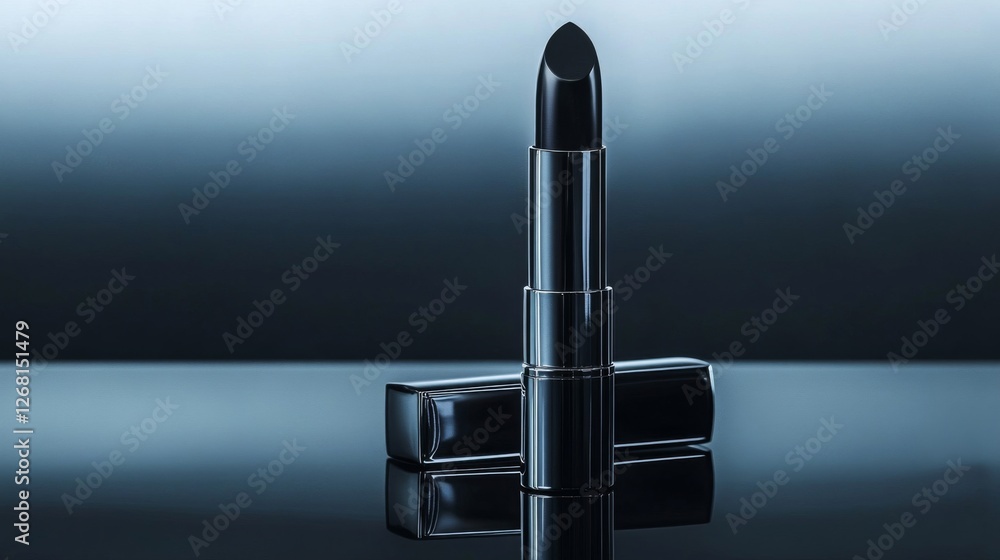 Fototapeta premium Elegant Black Lipstick Tube with Silver Accents on Reflective Surface in Studio