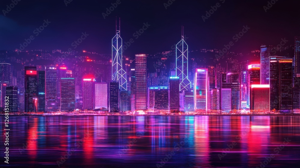 Neon Lit City Skyline Reflecting On Water At Night Neon Lit City Skyline Reflecting On Water At Night