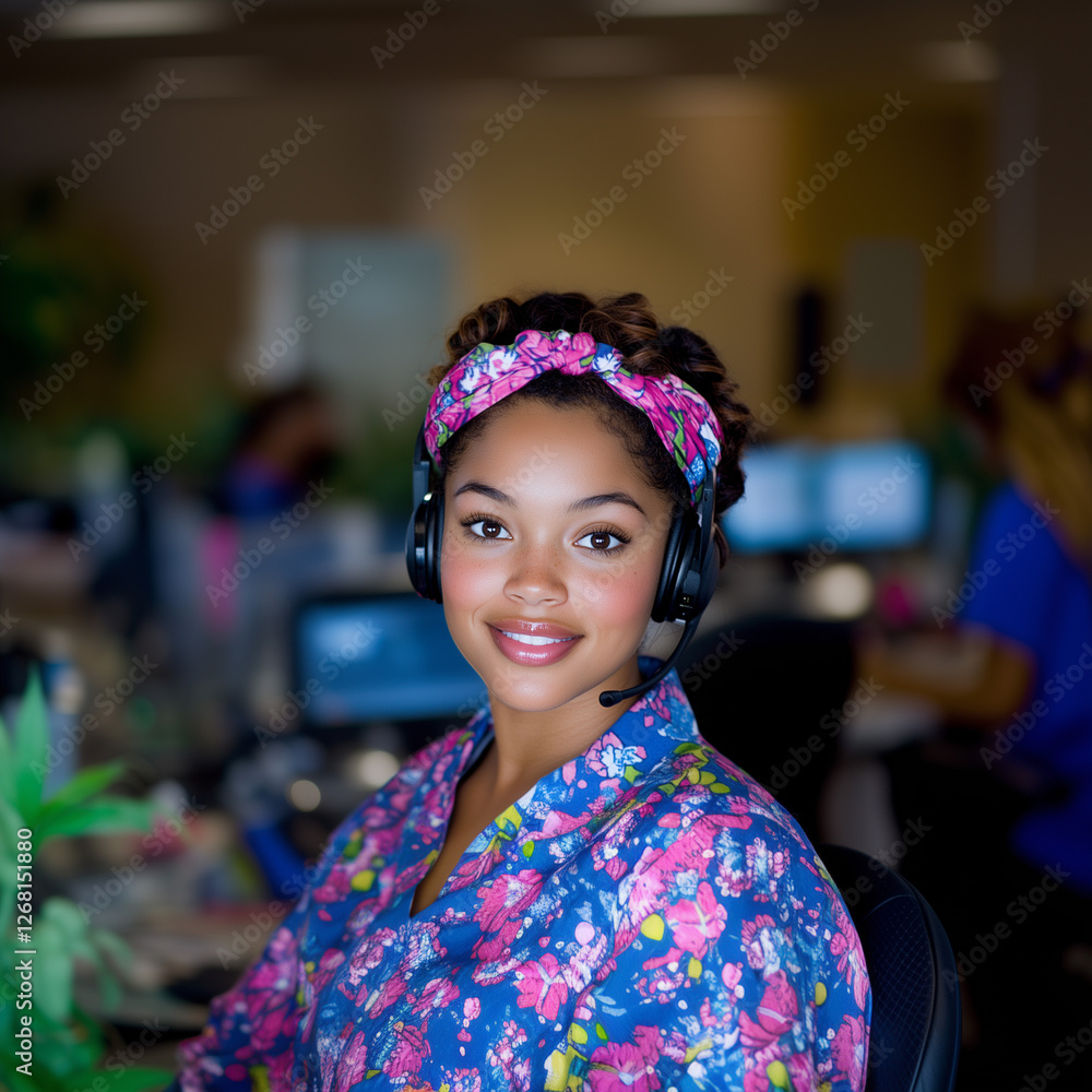 Fototapeta premium Young woman in colorful scrubs with headset assisting in a busy call center during daytime operations operators in the call center, answer the call, consultant