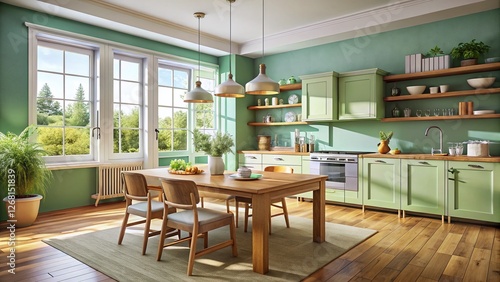 Wallpaper Mural Bright Kitchen Interior Design: Oak Table, Sky Blue & Green Walls, Natural Light Torontodigital.ca