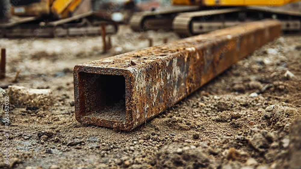 Weathered metal beam lies discarded in an industrial construction site Weathered metal beam lies discarded in an industrial construction site