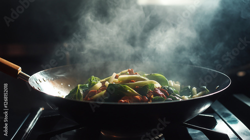 Obraz na płótnie Stir fry of beef and baby bok choy with text space w salonie