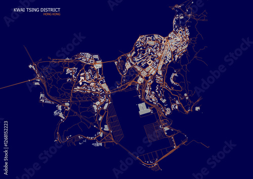 vector map of highways and buildings in kwai tsing  district of hongkong with blue and orange color