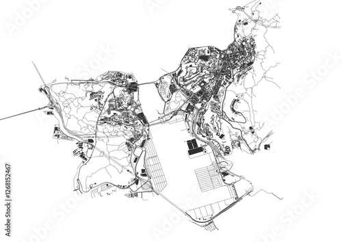 vector map of highways and buildings in kwai tsing district of hongkong with blue and orange color