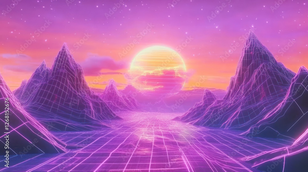 Retro Cyberpunk Sunset Over Wireframe Mountains Retro Cyberpunk Sunset Over Wireframe Mountains