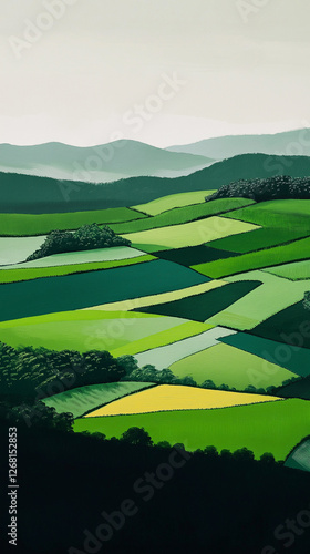 Agricultural fields with distant mountains and text space